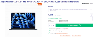 Apple Macbook Air 15 inch Apple M2 chip Midnight Blue (2023) voor €1.199 bij Azerty
