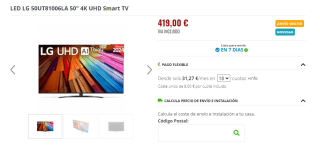 TV LG 50UT81006LA 50" LED UltraHD 4K HDR10 Pro por 385€