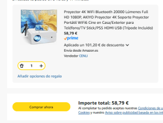 Proyector 4K WiFi Bluetooth 20000 lúmenes (Trípode Incluido) por 56,80€
