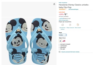 Havaianas kids voor €6,75 en volwassenen €6,67