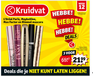 1+2 gratis op Mascara A-merken zoals L'oreal Paris, Maybelline, Max Factor en Rimmel Bij kruidvat