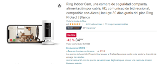 Ring Indoor Cam, una cámara de seguridad compacta, alimentación por cable, HD por 34,99€
