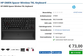 HP Omen Spacer Wireless TKL Keyboard voor €73 bij Informatique