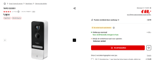 TP-Link Tapo D230S1 - Video Deurbel op batterijen - draadloze deurbelset - inclusief hub oor €69 bij de mediamarkt