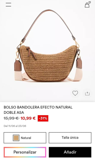 Bolso Bandolera efecto natural doble asa por 10,99€.
