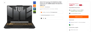 Ordenador Portatil ASUS TUF Gaming F15 FX507VV4-LP035 Intel Core i9-13900H/32GB/1TB SSD/RTX 4060/15.6" por 1499€