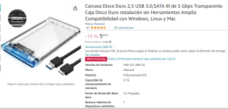 Carcasa transparente Disco Duro 2,5" USB 3.0,SATA III de 5 Gbps por 5.83€