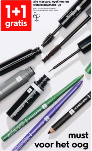 Alle mascara, eyeliners en wenkbrauw make-up 1+1 gratis bij de Hema