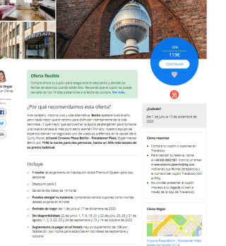 1 noche en , el hotel Crowne Plaza Berlín desayuno incluido para dos por 119€