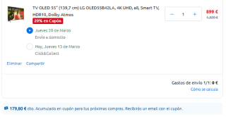 TV OLED 55" LG OLED55B42LA, 4K UHD, a8, Smart TV, HDR10 + cupón 179,80€ por 899€