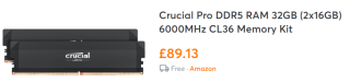 Crucial Pro DDR5 RAM 32GB (2x16GB) for only £89.13