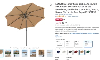 SONGMICS Sombrilla de Jardín 300 cm, UPF 50+ por 43,72€