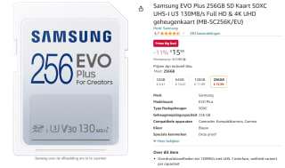 Samsung EVO Plus 256GB SD Kaart SDXC UHS-I U3 130MB/s Full HD & 4K UHD geheugenkaart voor €15,99 bij Amazon