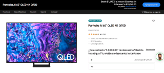 Pantalla AI 65" QLED 4K Q70D por $14,464 en Samsung Store