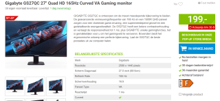 Gigabyte GS27QC 27" Quad HD 165Hz Curved VA Gaming monitor voor €169,90 bij Megeeko