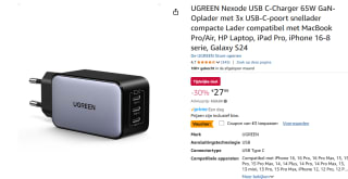 UGREEN Nexode USB C-oplader 65W met 3 x USB-C-poorten voor €24,99 bij Amazon