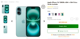 iPhone 16 128GB e-SIM + SIM Física por $15,299 | Doto con Aplazo