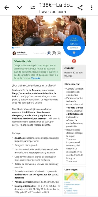 La Toscana 4 días para 2 personas por 138€.