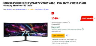 Samsung Odyssey Neo G9 G95NC 57" Dual 4K VA Curved 240Hz Gaming Monitor voor €1549 bij Bol