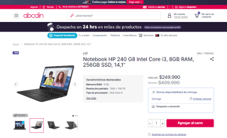 Notebook HP 240 G8 Intel Core i3 8GB RAM 256GB SSD 14,1" por $249.990