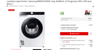 Lavadora carga frontal - Samsung WW80T554DAE, 8 kg, AddWash, 22 Programas, WiFi, 1400 rpm, Blanco