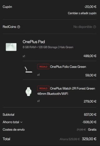 OnePlus Pad de 8GB/128 GB + OnePlus Folio Case + Reloj OnePlus Watch 2R por 329€