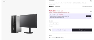 Ordenador Completo HP EliteDesk 705 G2 SFF, AMD Pro A4-8350B, 8GB RAM, 256 Gb SSD + Monitor 22" LG por 135€ (123€ usuario nuevo)