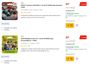 3+1 gratis op LEGO minifiguren en F1 raceauto bij Bol.