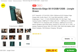 Motorola edge 50, 12GB ram, 512GB opslag Groen voor €299 bij Proshop