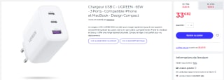 Chargeur USB C - UGREEN - 65W - 3 Ports - Compatible iPhone et MacBook - Design Compact à 33,82€