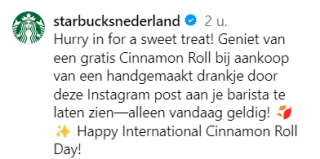 Gratis Cinnamon Roll tijdens Day bij Starbucks