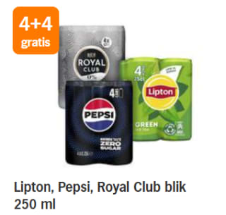 4+4 gratis op alle Lipton, Pepsi, Royal Club blik 250 ml bij de AH