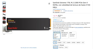 SanDisk Extreme 1TB, M.2 2280 PCIe Gen 4 NVMe, con velodidad de lectura de hasta 5150 MB/s por 62,99€