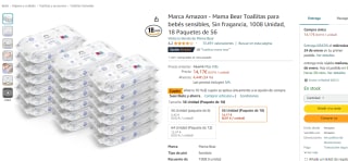 Toallitas para bebés Mama Bear 18 paquetes de 56 unidades por 12.11€