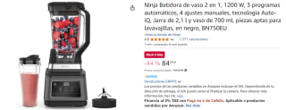 Ninja Batidora de vaso 2 en 1, 1200 W, 3 programas automáticos, 4 ajustes manuales, tecnología Auto-iQ, Jarra de 2,1 l y vaso de 700 ml por 84.5€