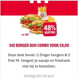 2 Zinger burgers en 2 friet Ml voor €8 dmv code bij KFC.