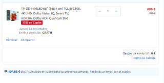 TV QD-MiniLED 65" TCL 65C805, 4K UHD + cupón de 104,85€ por 699€