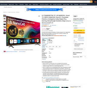LG 75NANO81T6A 75" 4K NANOCELL Smart TV HDR10 WebOS24 Serie 81 Dolby Digital Plus por solo 799€