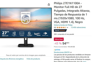 Philips 27E1N1100A - Monitor Full HD de 27 Pulgadas, Integrado Altavoz, Tiempo de Respuesta de 1 ms por 94,90€