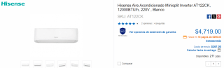 Hisense Aire Acondicionado Minisplit Inverter AT122CK por $4,719 en CyberPuerta