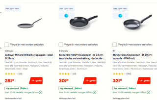 1 + 1 gratis op diverse pannen, van bv Tefal, Brabantia, Demeyere, Greenchef en meer bij Bol.com