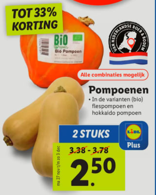 2 Pompoenen voor €2,50 bij de Lidl
