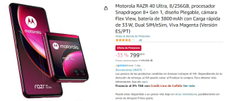 Móvil Motorola Razr 40 Ultra, Viva magenta, 256GB, 8GB RAM, 6.9" AMOLED Full HD+, Snapdragon 8+ Gen 1 Mobile Platform, 3800 mAh, Android 13 por 799€