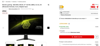 Monitor gaming MSI MAG 276CXF, 27" Full-HD, 280Hz, 0.5 ms por 149€