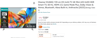 Hisense 55U6KQ 139 cm (55 Inch) TV 4K voor €571,89 bij Amazon