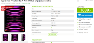 Apple iPad Pro (2022) 12,9" Wi-Fi 2TB Grijs voor €1689 bij Megekko