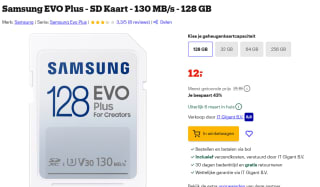 Samsung EVO Plus SD - 130MB/s - 128GB voor €12 bij Bol