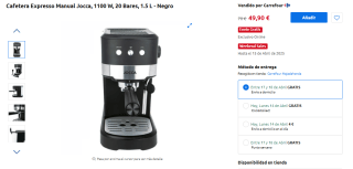 Cafetera Expresso Manual Jocca, 1100 W, 20 Bares, 1.5 L por 49,90€