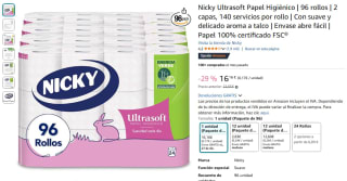 Nicky Ultrasoft Papel Higiénico 96 rollos 2 capas, 140 servicios por rollo por 16,16€