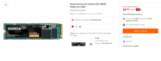 Disco Kioxia Exceria G2 Unidad SSD 500GB NVMe M.2 2280 por 34.98€